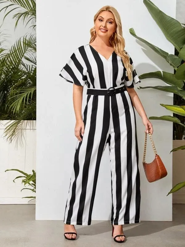 CM-JPS305239 Women Plus Size Striped Batwing Sleeve Belted Culotte Jumpsuit