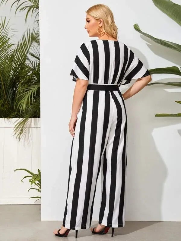 CM-JPS305239 Women Plus Size Striped Batwing Sleeve Belted Culotte Jumpsuit