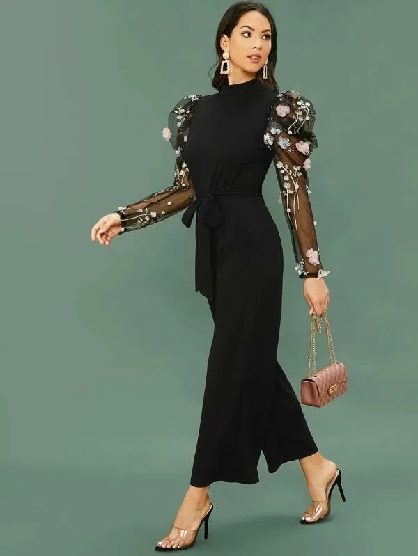CM-JS102924 Women Elegant Seoul Style Applique Embroidered Mesh Gigot Sleeve Wide Leg Jumpsuit