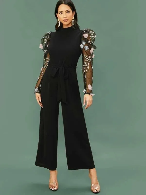 CM-JS102924 Women Elegant Seoul Style Applique Embroidered Mesh Gigot Sleeve Wide Leg Jumpsuit