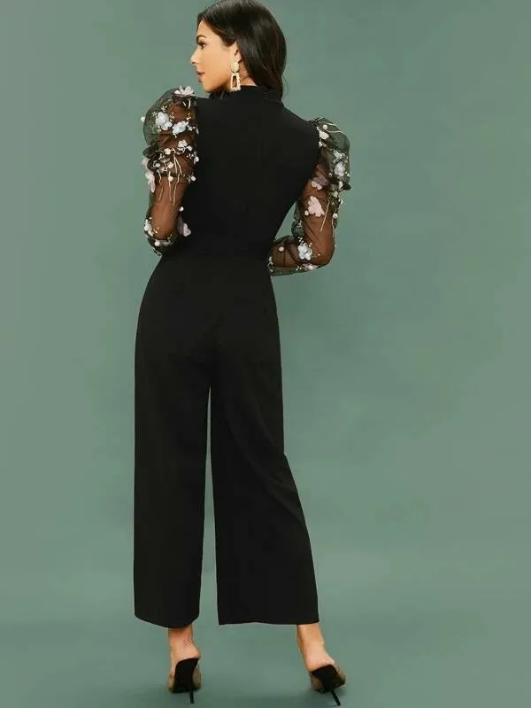 CM-JS102924 Women Elegant Seoul Style Applique Embroidered Mesh Gigot Sleeve Wide Leg Jumpsuit