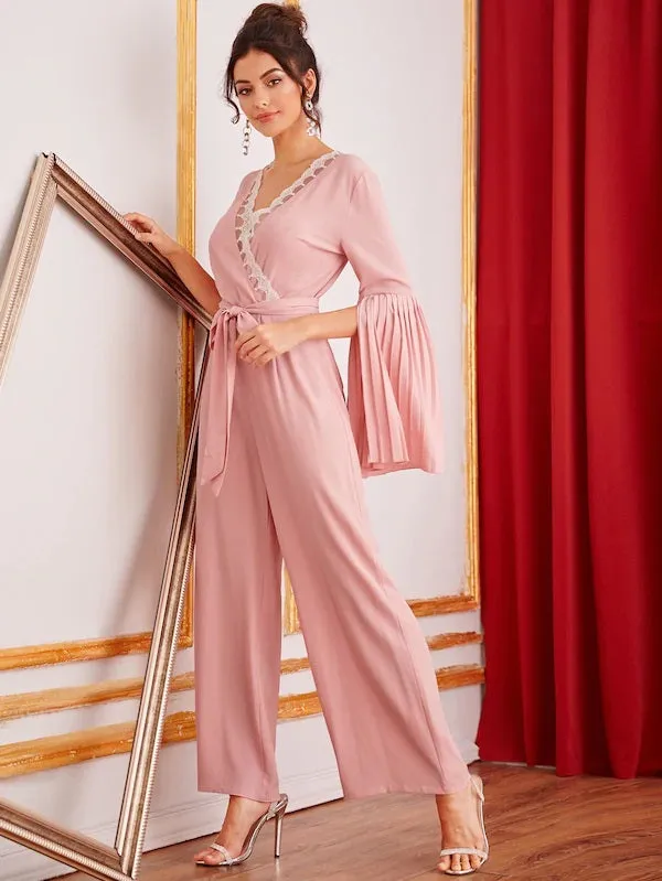 CM-JS621090 Women Casual Seoul Style Embroidered Mesh Surplice Neck Split Bell Sleeve Jumpsuit - Pink