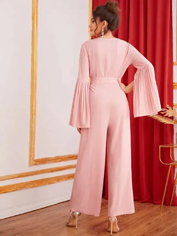 CM-JS621090 Women Casual Seoul Style Embroidered Mesh Surplice Neck Split Bell Sleeve Jumpsuit - Pink