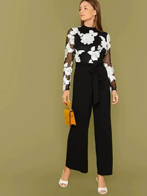 CM-JS814125 Women Elegant Seoul Style Embroidered Mesh Belted Straight Leg Jumpsuit - Black