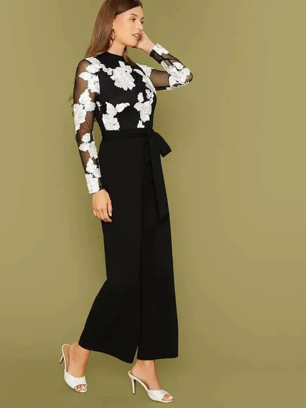 CM-JS814125 Women Elegant Seoul Style Embroidered Mesh Belted Straight Leg Jumpsuit - Black