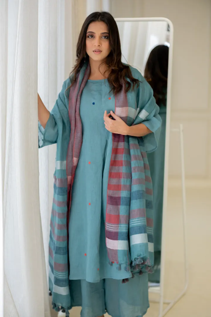 Coastal Lagoon Linen Kurta Set with Dupatta