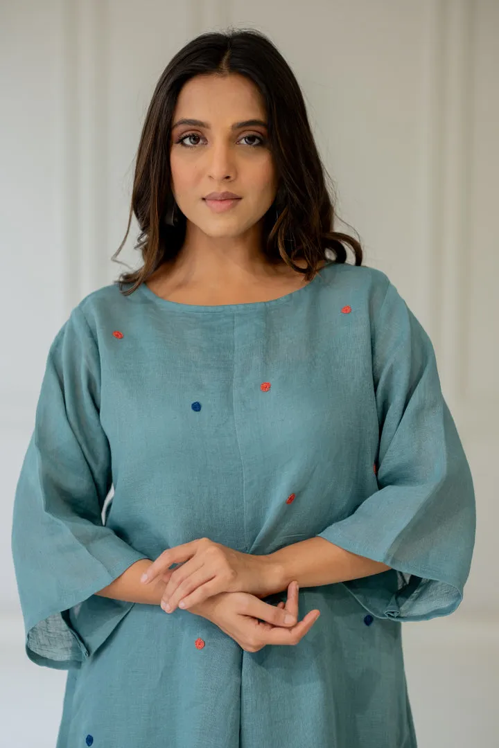 Coastal Lagoon Linen Kurta Set with Dupatta