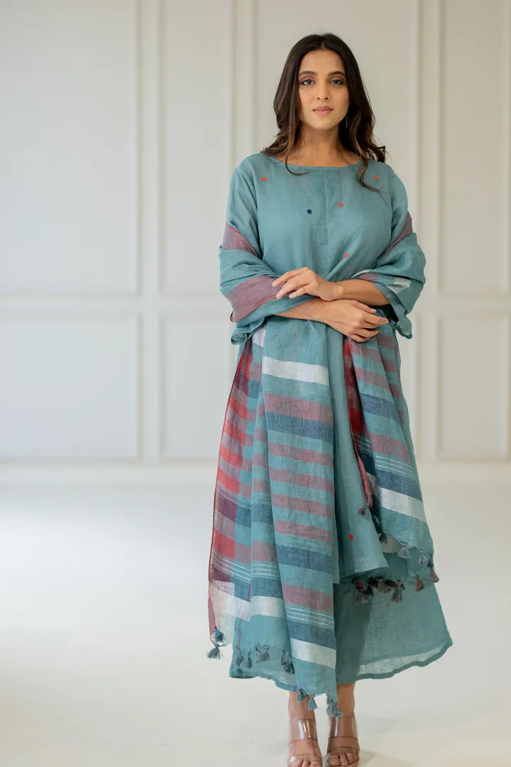 Coastal Lagoon Linen Kurta Set with Dupatta