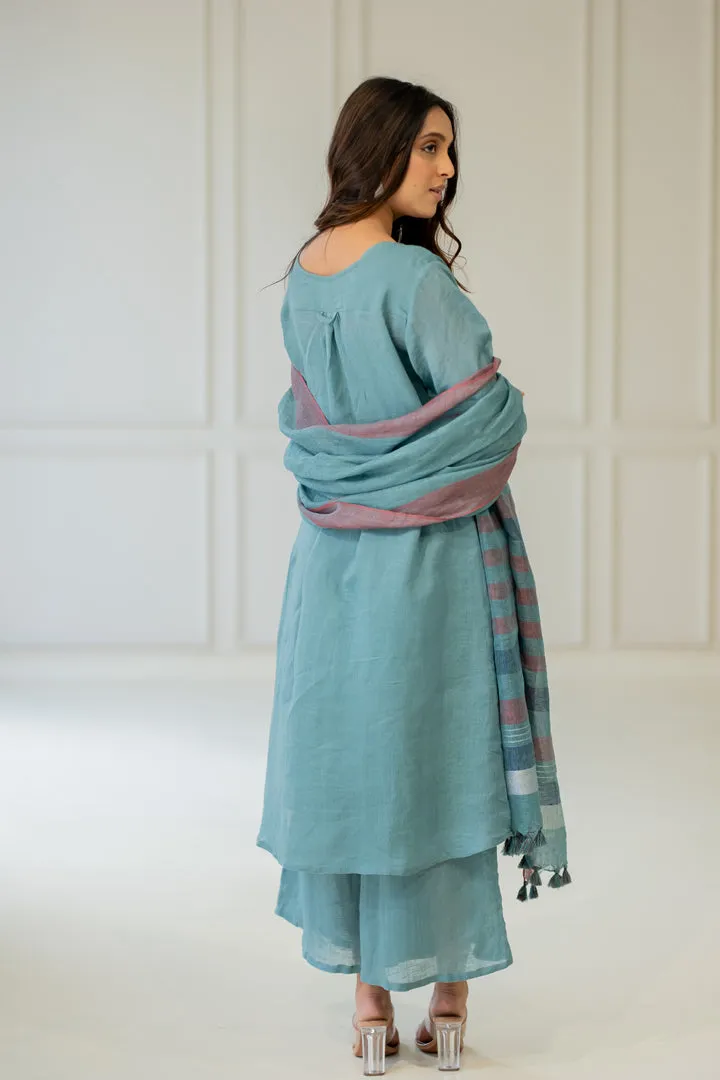 Coastal Lagoon Linen Kurta Set with Dupatta
