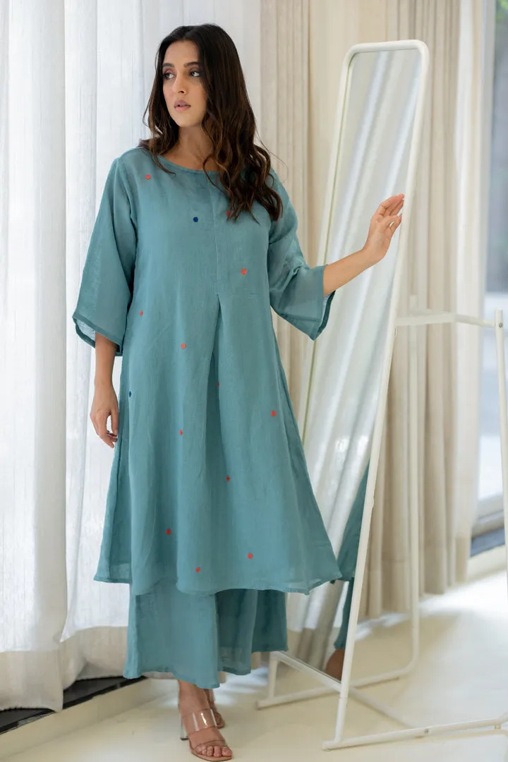 Coastal Lagoon Linen Kurta Set with Dupatta