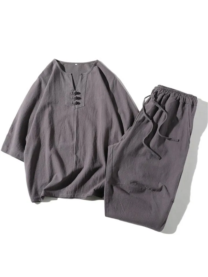 Comfy 2-Piece Linen Outfit Front Button T-Shirt   Drawstring Cropped Pants