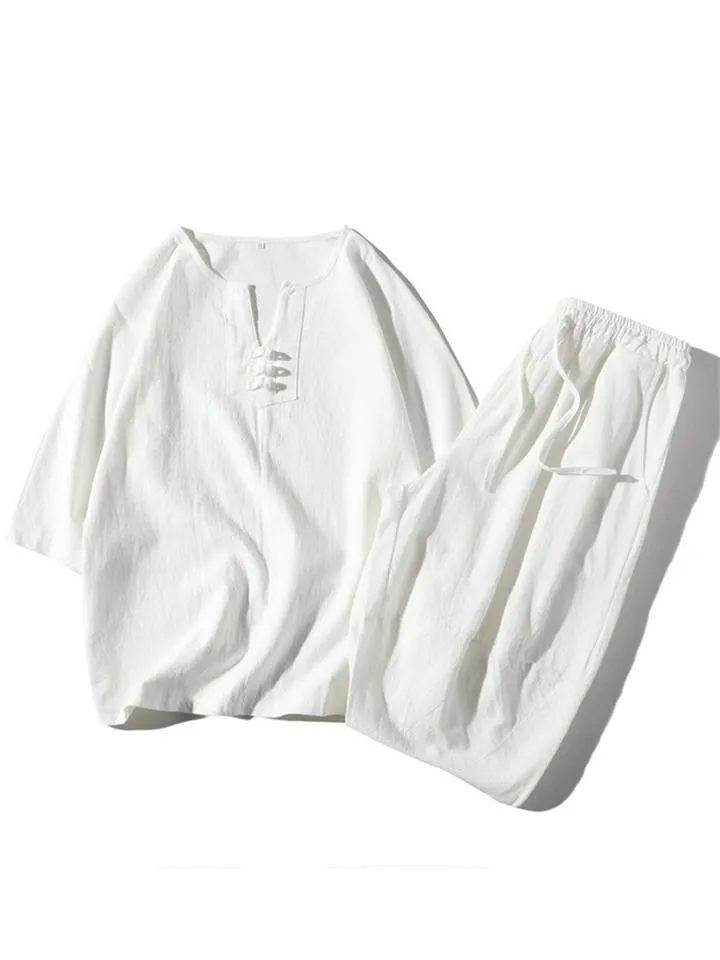 Comfy 2-Piece Linen Outfit Front Button T-Shirt   Drawstring Cropped Pants