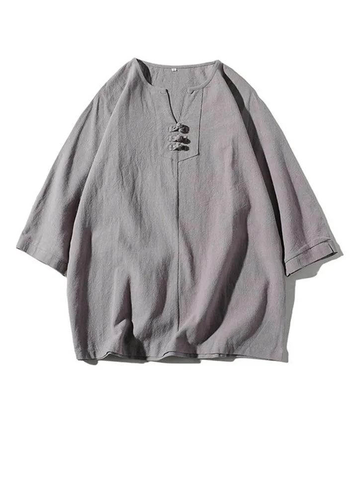 Comfy 2-Piece Linen Outfit Front Button T-Shirt   Drawstring Cropped Pants