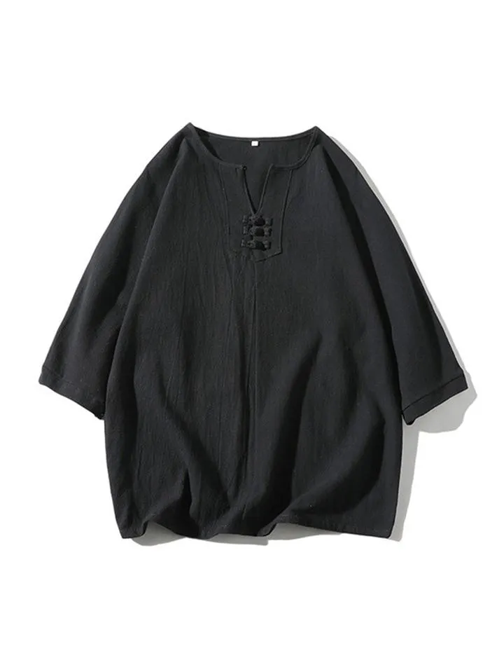 Comfy 2-Piece Linen Outfit Front Button T-Shirt   Drawstring Cropped Pants