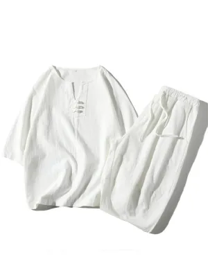 Comfy 2-Piece Linen Outfit Front Button T-Shirt   Drawstring Cropped Pants