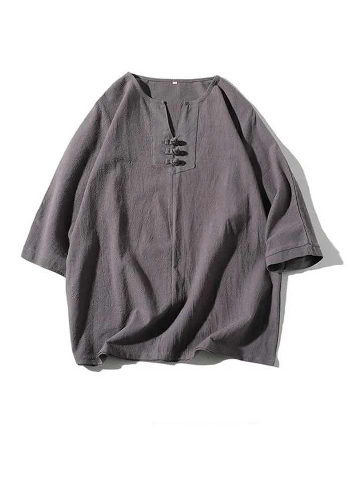 Comfy 2-Piece Linen Outfit Front Button T-Shirt   Drawstring Cropped Pants