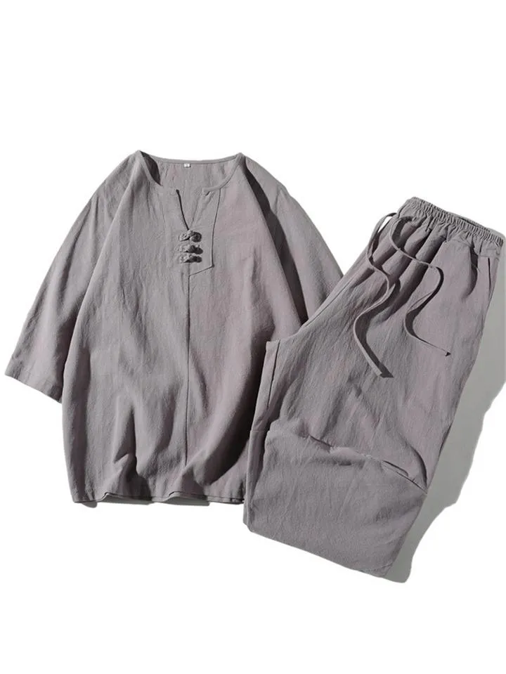 Comfy 2-Piece Linen Outfit Front Button T-Shirt   Drawstring Cropped Pants