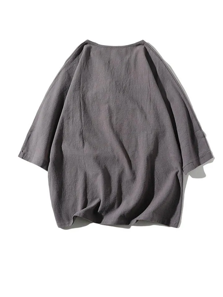 Comfy 2-Piece Linen Outfit Front Button T-Shirt   Drawstring Cropped Pants