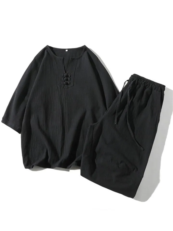 Comfy 2-Piece Linen Outfit Front Button T-Shirt   Drawstring Cropped Pants