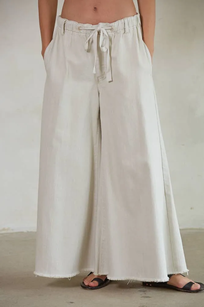 Cotton Denim Wide Leg Pants: Stone