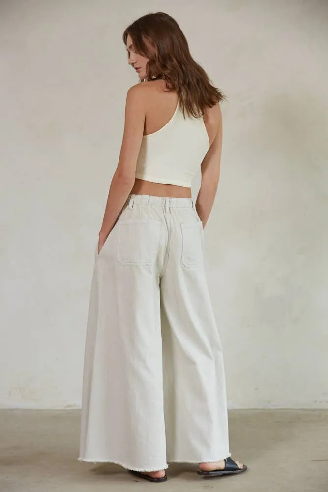 Cotton Denim Wide Leg Pants: Stone