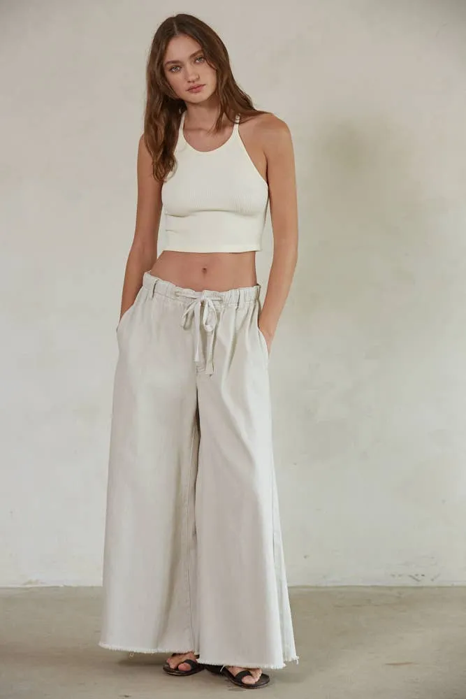 Cotton Denim Wide Leg Pants: Stone