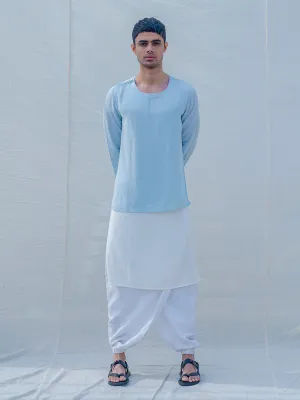 Cotton X Linen Aqua Blue Kurta with Tulip Dhoti set