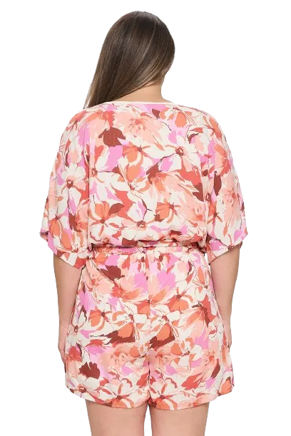 Cream Brick Plus Size Half Sleeve Wrap Tie Floral Romper - Pack of 6