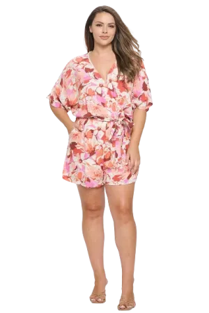 Cream Brick Plus Size Half Sleeve Wrap Tie Floral Romper - Pack of 6