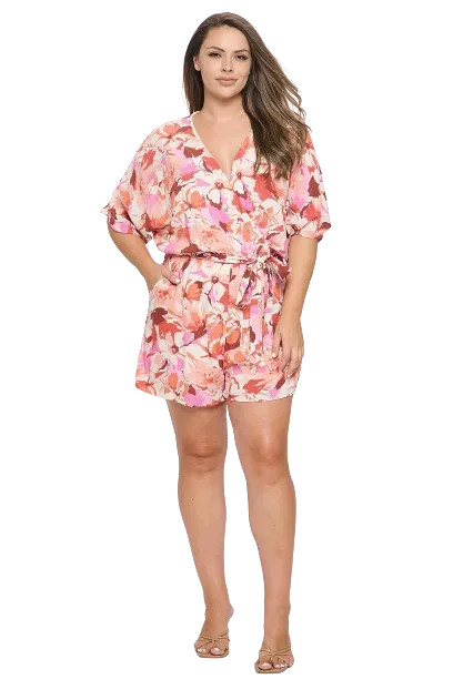 Cream Brick Plus Size Half Sleeve Wrap Tie Floral Romper - Pack of 6