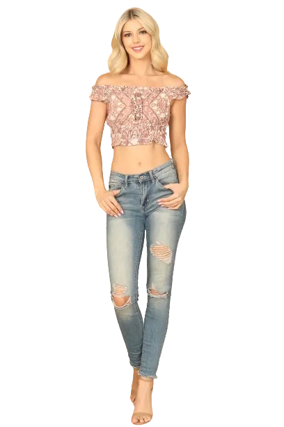 Cream Mauve Ruffle Off Shoulder Paisley Crop Top - Pack of 5