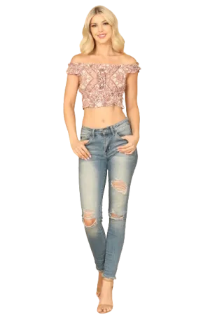 Cream Mauve Ruffle Off Shoulder Paisley Crop Top - Pack of 5