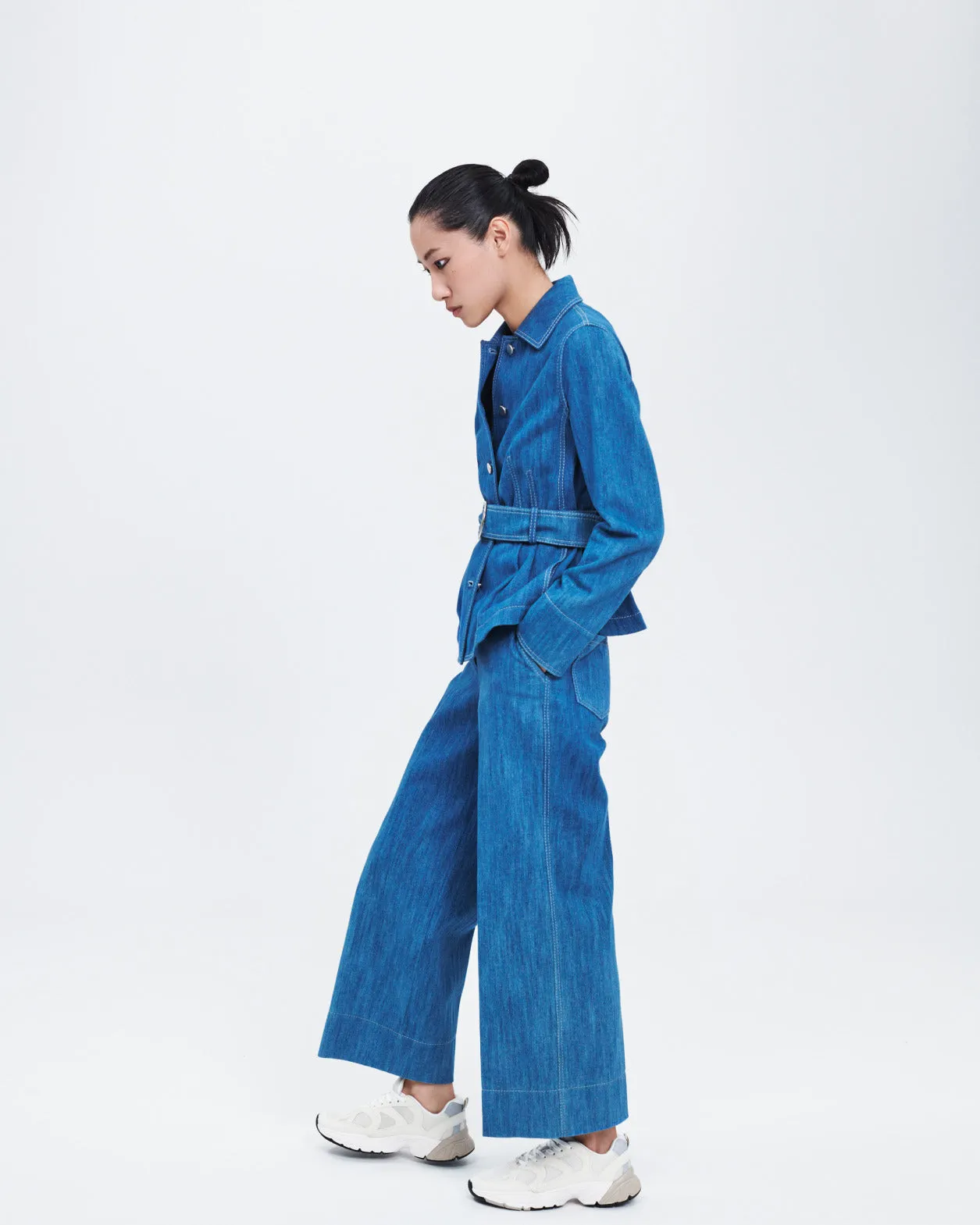 Cropped Wide Cotton Denim Stretch Pants