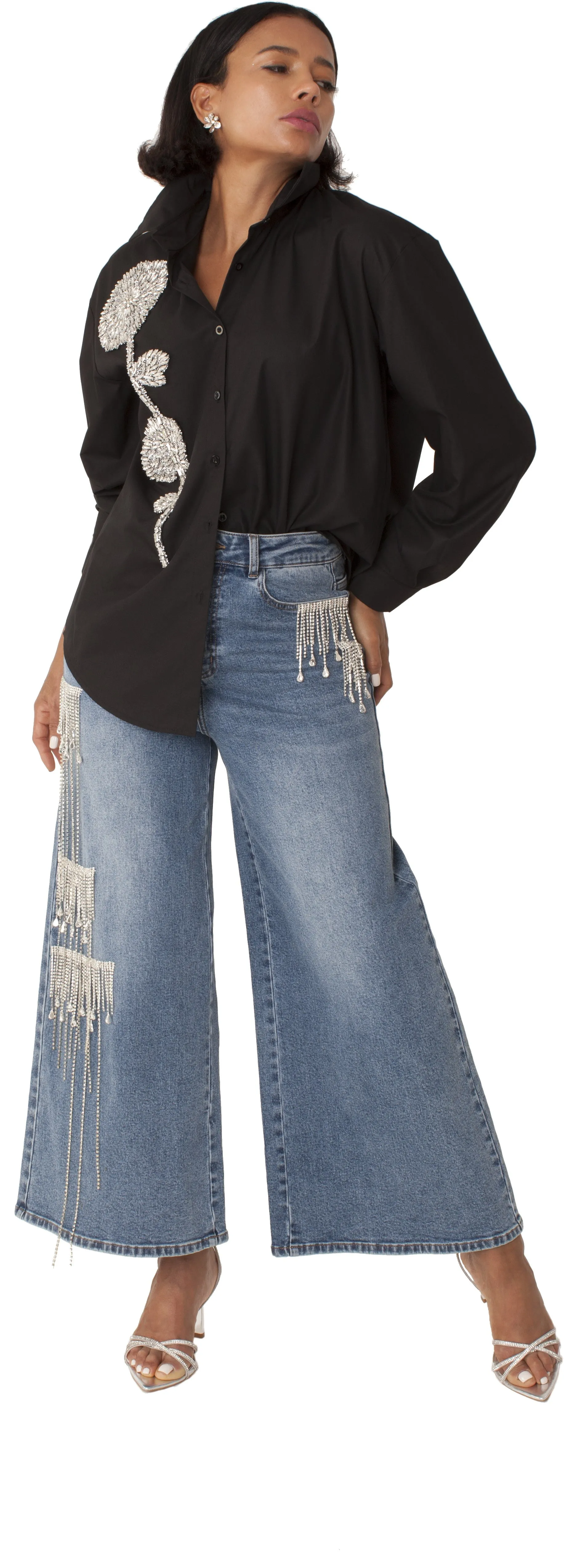 Crystal Cascade Wide-Leg Denim -82513