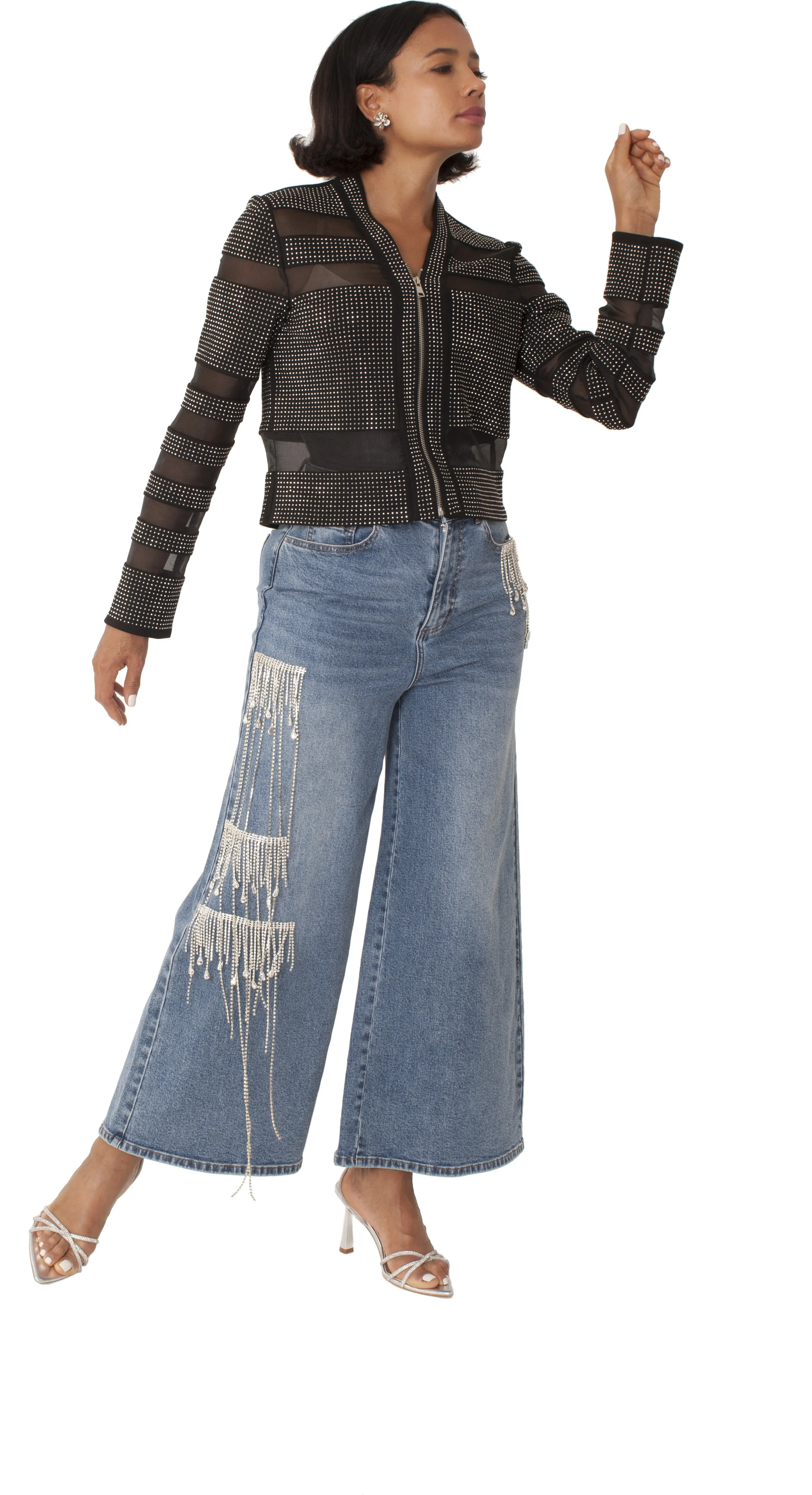 Crystal Cascade Wide-Leg Denim -82513