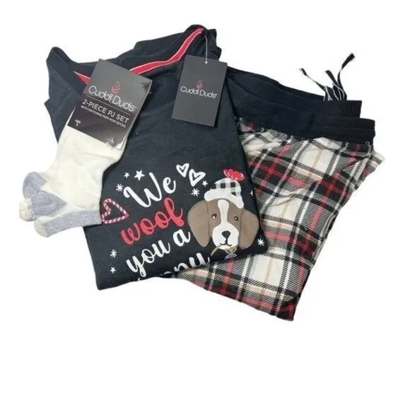 Cuddl Duds Womens Black Dog Sweater Knit Socks 3 pc Pajamas Sets Plus Sz 1X NWT