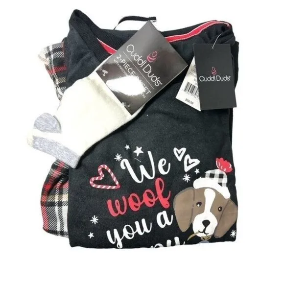 Cuddl Duds Womens Black Dog Sweater Knit Socks 3 pc Pajamas Sets Plus Sz 1X NWT