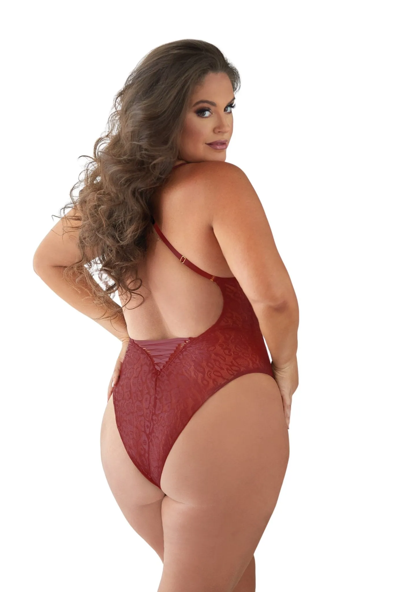 Curvy Burgundy Leopard Lace Teddy