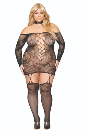 Curvy Lace Knit Garter Dress with Stockings