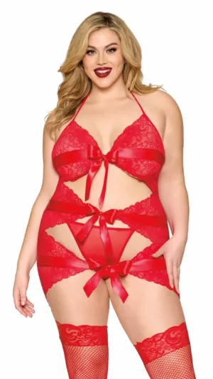 Curvy Ribbon Bow Lace Slip with Attached Garters