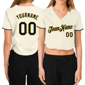 Custom Women's Cream Navy-Gold V-Neck Cropped Baseball Jersey