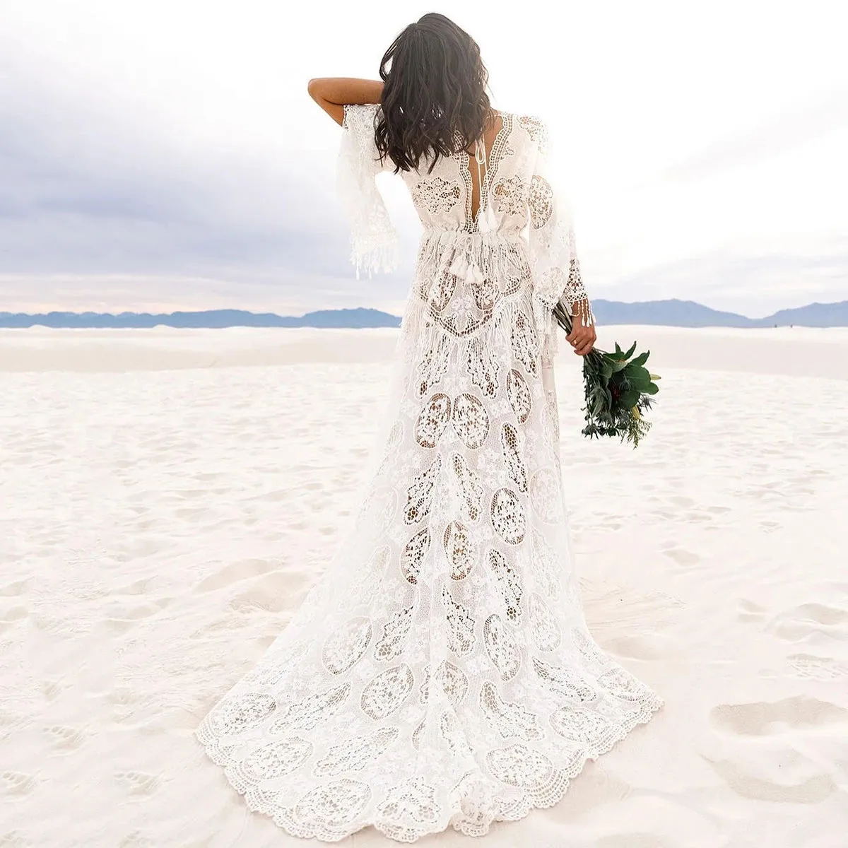 Customized Boho Lace Maternity Wedding Dress Beach Elopement Plus Size Long Flare Sleeves A Line Backless V Neck Bridal Gowns