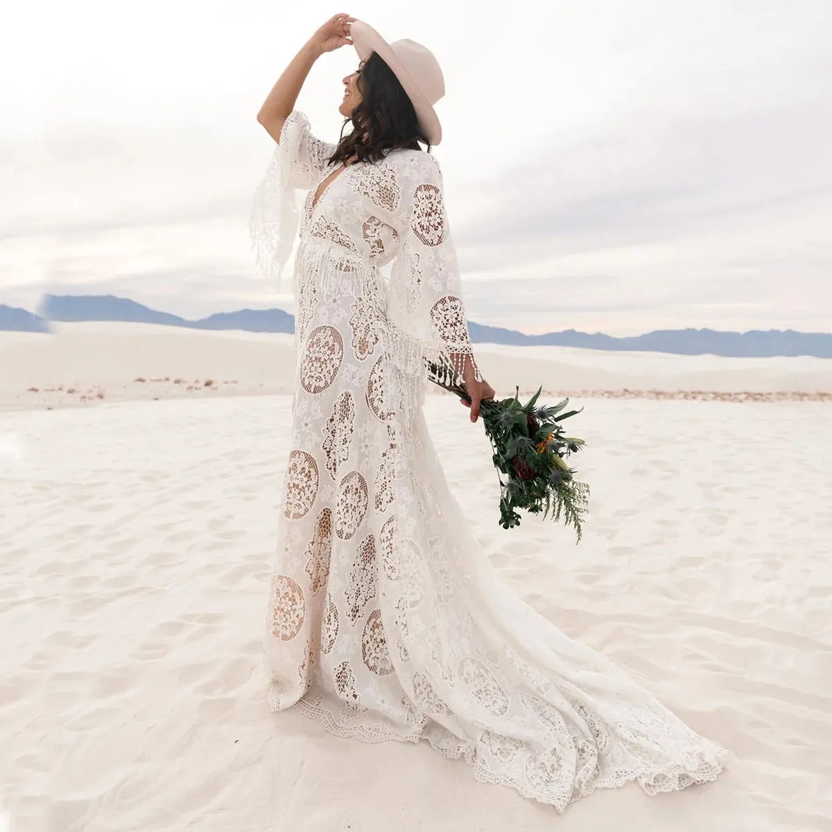 Customized Boho Lace Maternity Wedding Dress Beach Elopement Plus Size Long Flare Sleeves A Line Backless V Neck Bridal Gowns
