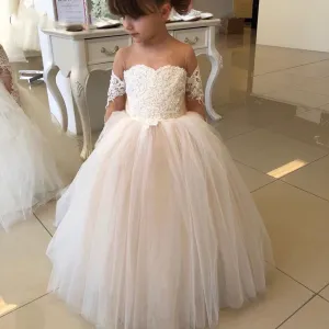 Cute A-line Long Sleeves Lace Tulle Illusion Flower Girl Dresses FG154