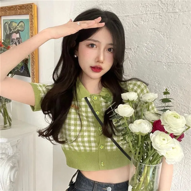 Cute Plaid Lapel Collar Cropped Slim Shirt
