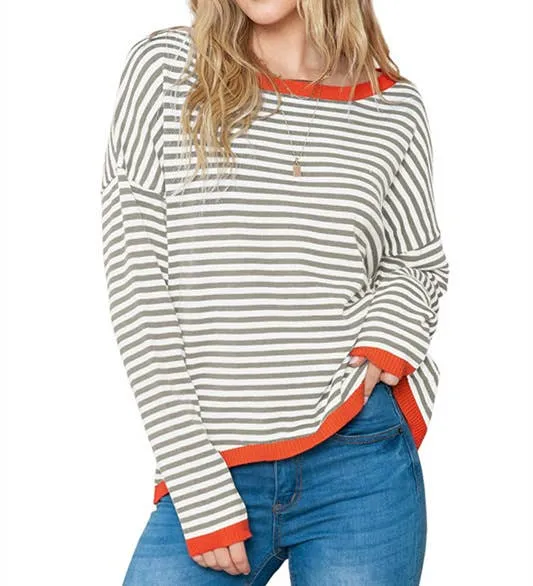 CWOSWL0811_ Long Sleeve Loose Neck Pullover Sweater: White / (XL) 1