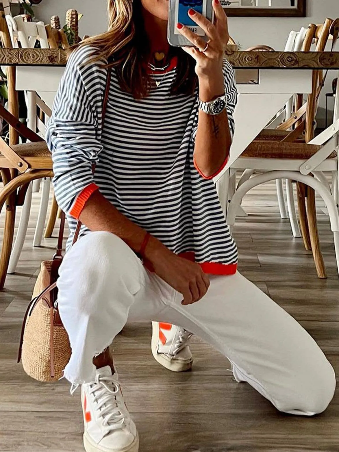 CWOSWL0811_ Long Sleeve Loose Neck Pullover Sweater: White / (XL) 1