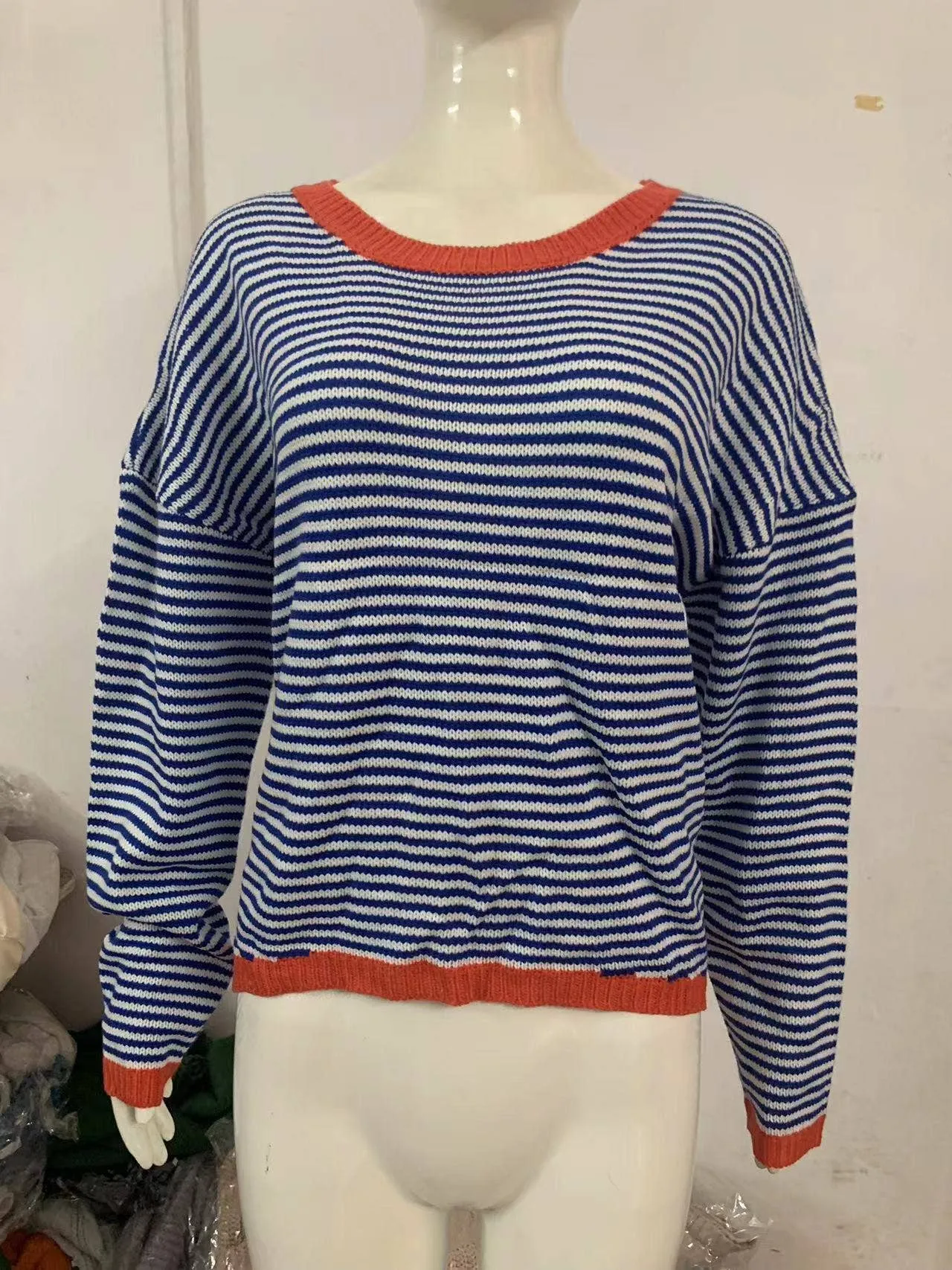 CWOSWL0811_ Long Sleeve Loose Neck Pullover Sweater: White / (XL) 1