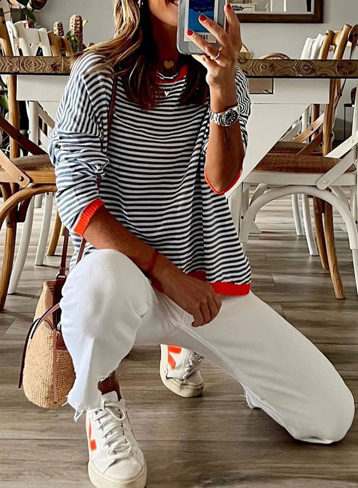 CWOSWL0811_ Long Sleeve Loose Neck Pullover Sweater: White / (XL) 1