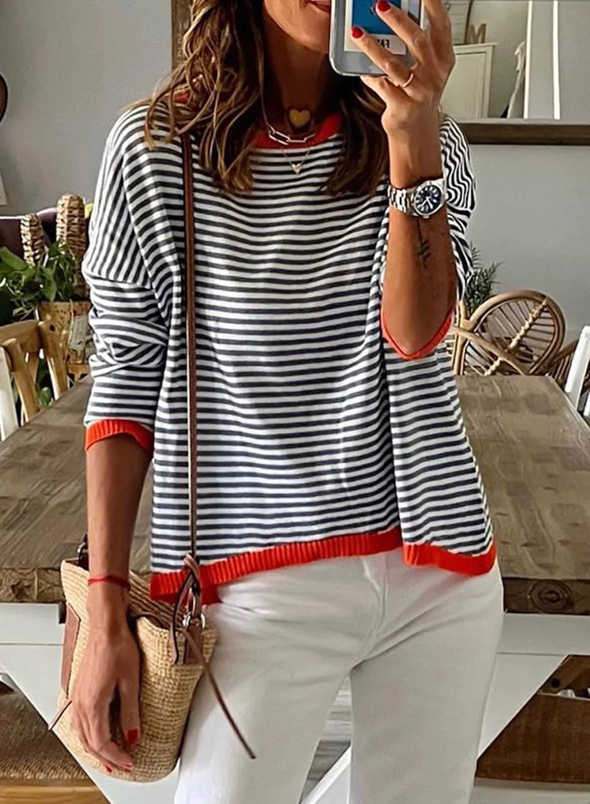 CWOSWL0811_ Long Sleeve Loose Neck Pullover Sweater: White / (XL) 1